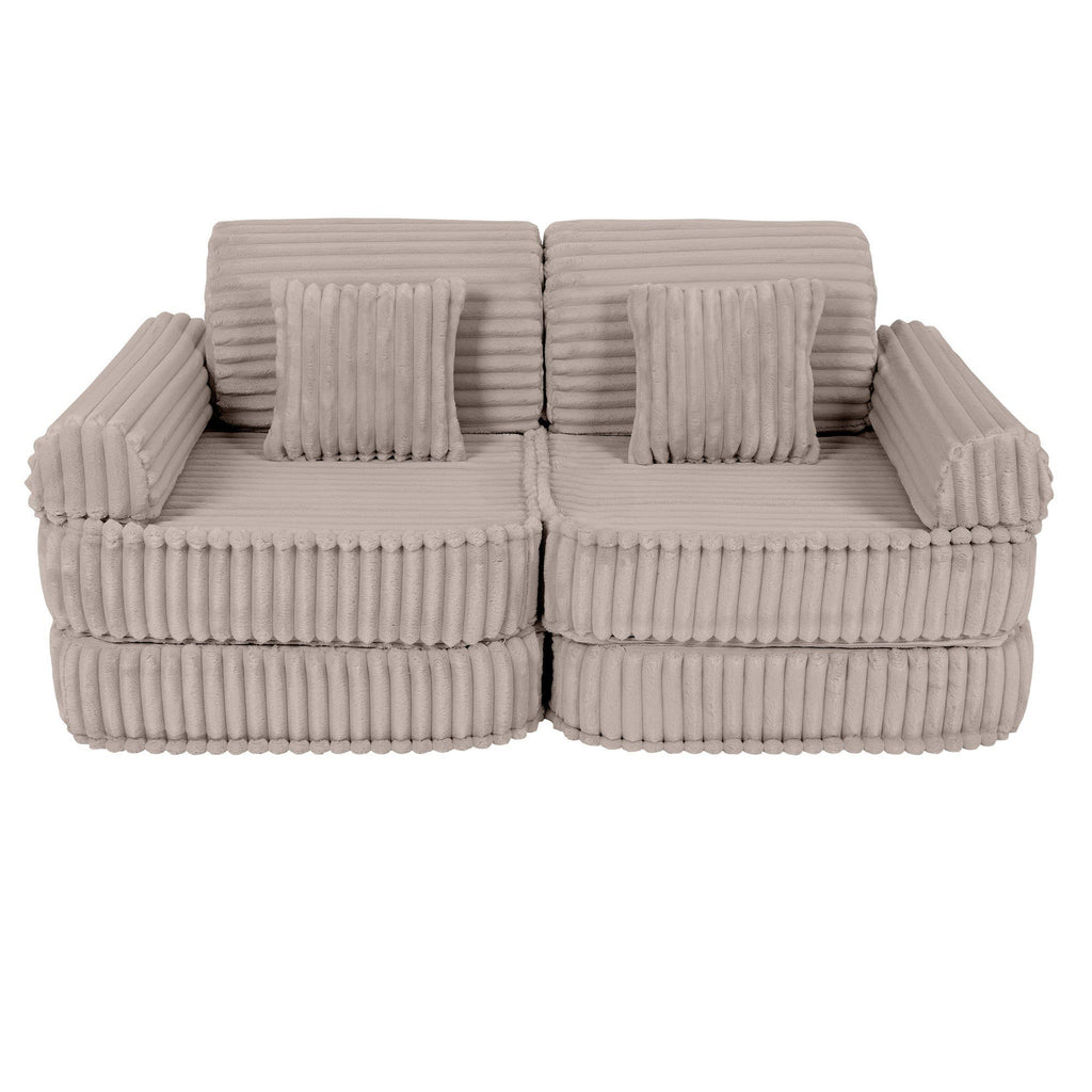 2. Beige modular kids sofa with ribbed corduroy texture and square cushions, shown in a compact configuration