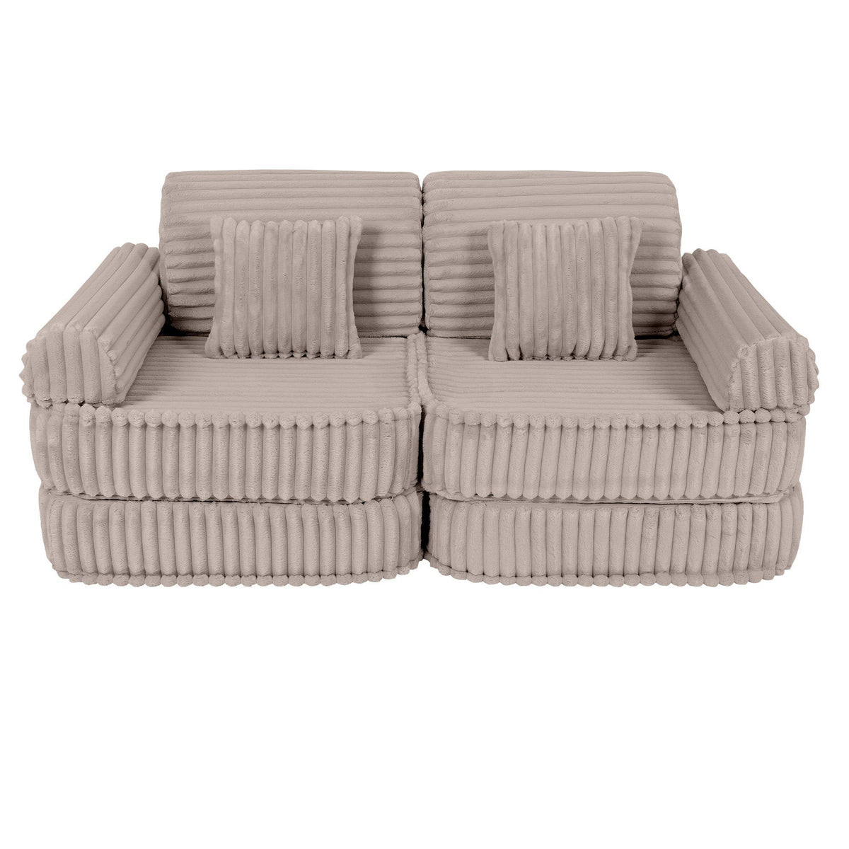 2. Beige modular kids sofa with ribbed corduroy texture and square cushions, shown in a compact configuration