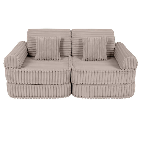 2. Beige modular kids sofa with ribbed corduroy texture and square cushions, shown in a compact configuration