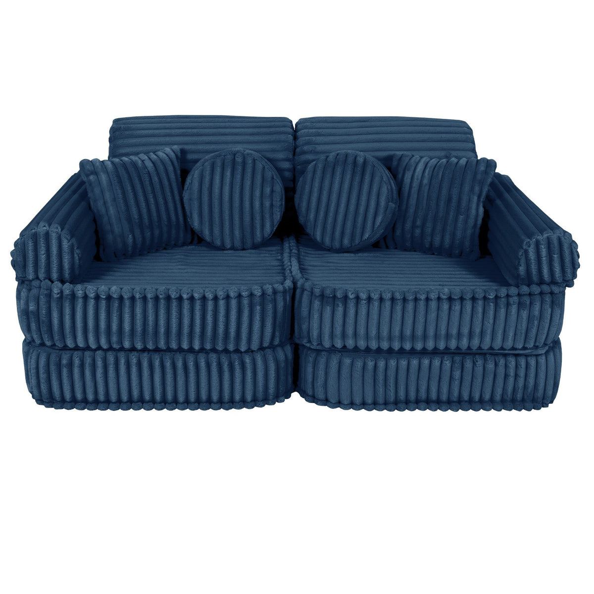 1. Medium modular kids sofa in churros blue with ribbed corduroy texture, featuring two round and two square cushions, shown in a compact configuration