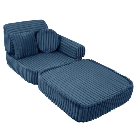 2. Medium modular kids sofa in churros blue with ribbed corduroy texture, shown in a lounge chair configuration with extended seat