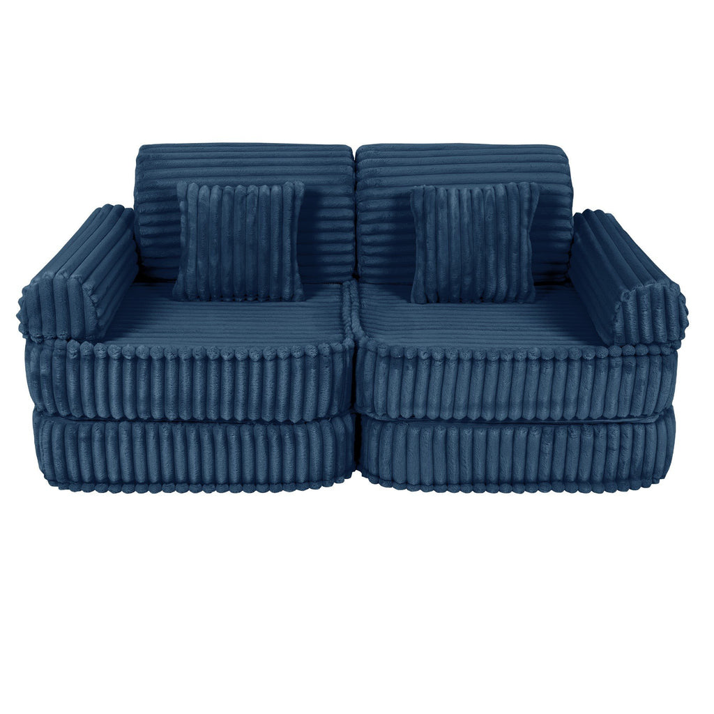 2. Medium modular kids sofa in churros blue with ribbed corduroy texture, featuring two square cushions and armrests