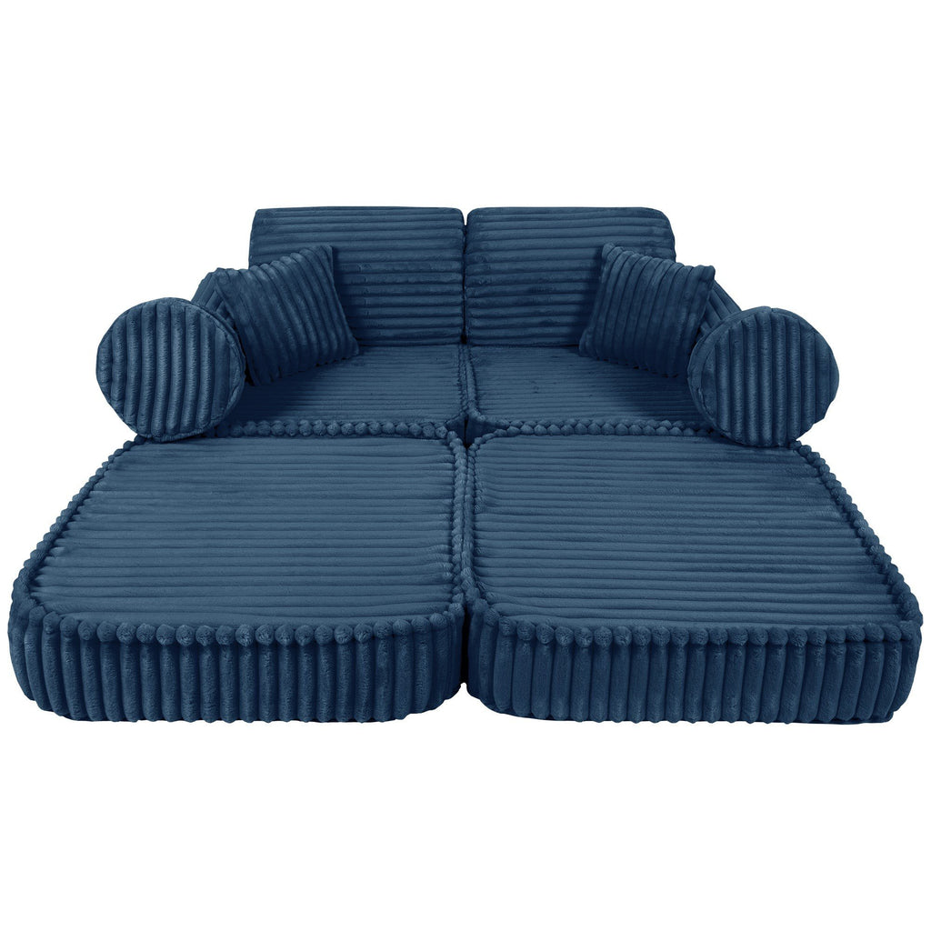 2. Medium modular kids sofa in churros blue with ribbed corduroy texture, shown in a fully extended configuration with round cushions