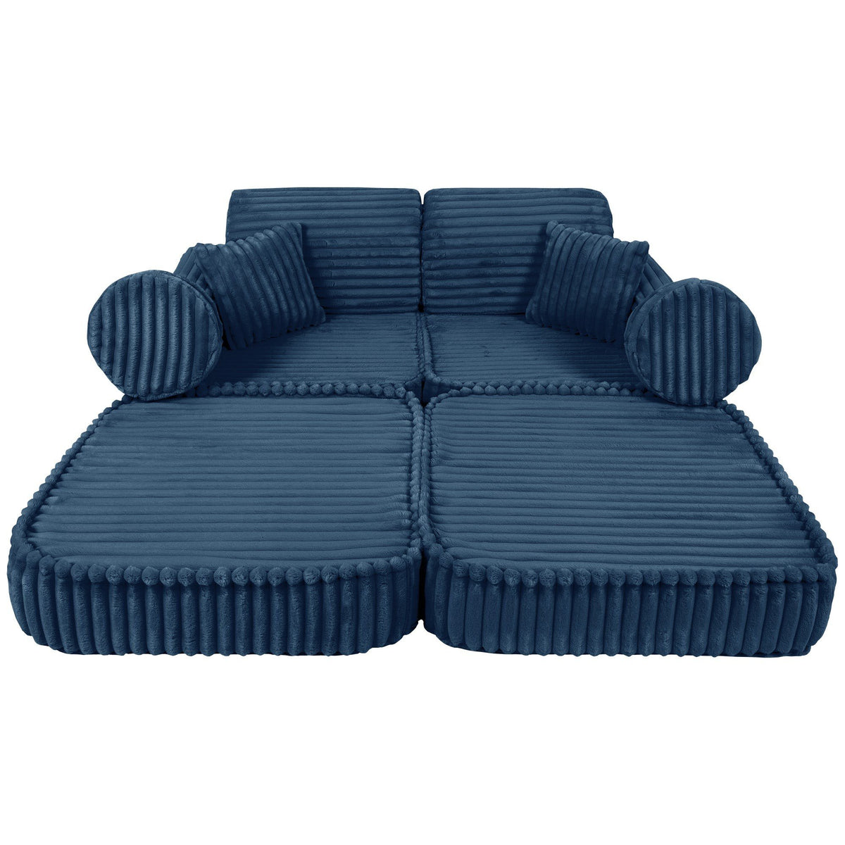 2. Medium modular kids sofa in churros blue with ribbed corduroy texture, shown in a fully extended configuration with round cushions