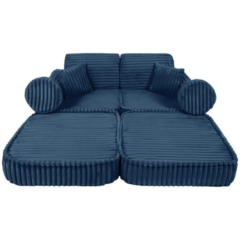 2. Medium modular kids sofa in churros blue with ribbed corduroy texture, shown in a fully extended configuration with round cushions