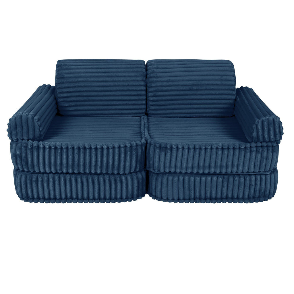 2. Medium modular kids sofa in churros blue with ribbed corduroy texture, featuring two back cushions and armrests