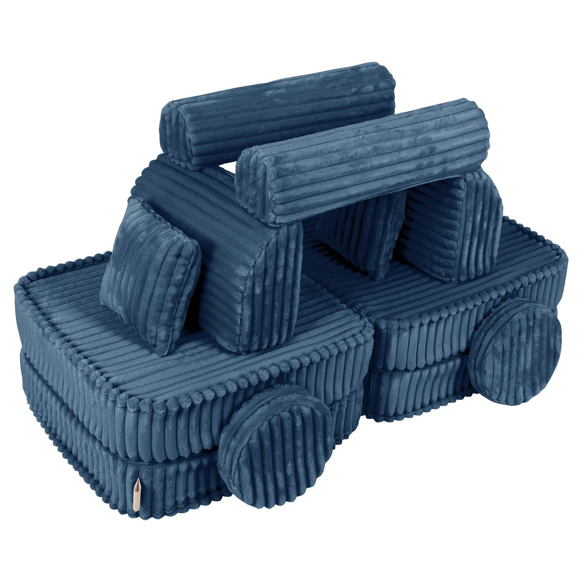 2. Medium modular kids sofa in churros blue configured as a playful vehicle with ribbed corduroy texture and circular cushion wheels