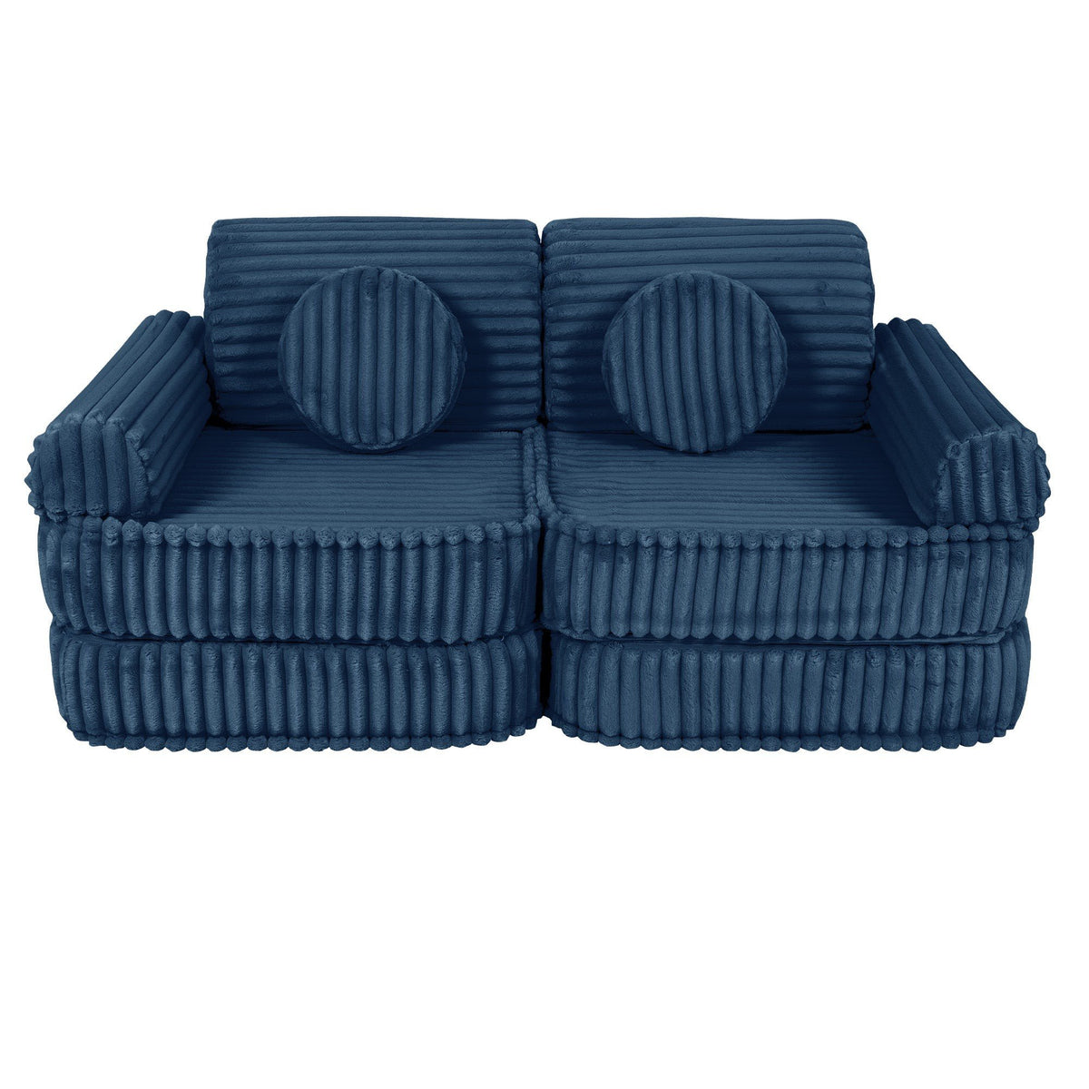 2. Medium modular kids sofa in churros blue with ribbed corduroy texture, featuring two round cushions and armrests