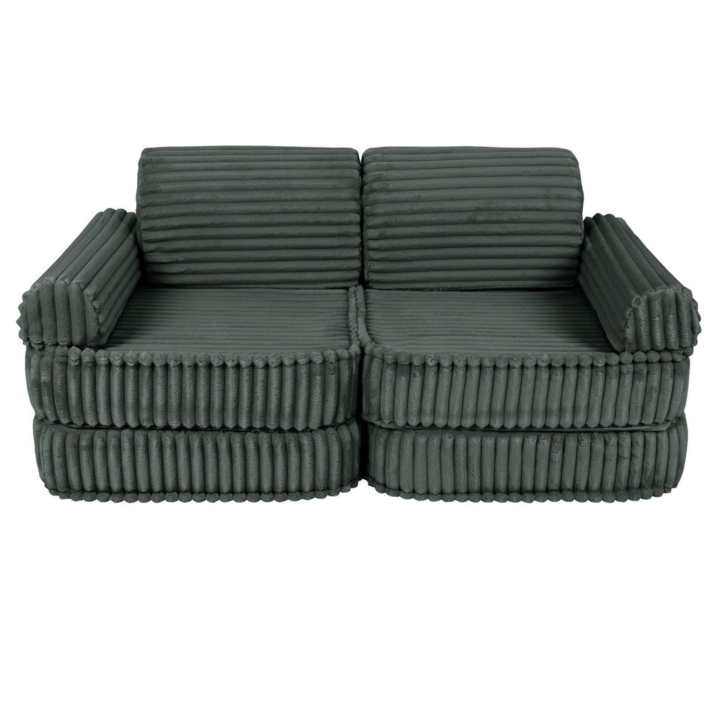 2. Medium modular kids sofa in forest green with ribbed corduroy texture, shown in a simple two-seater configuration.