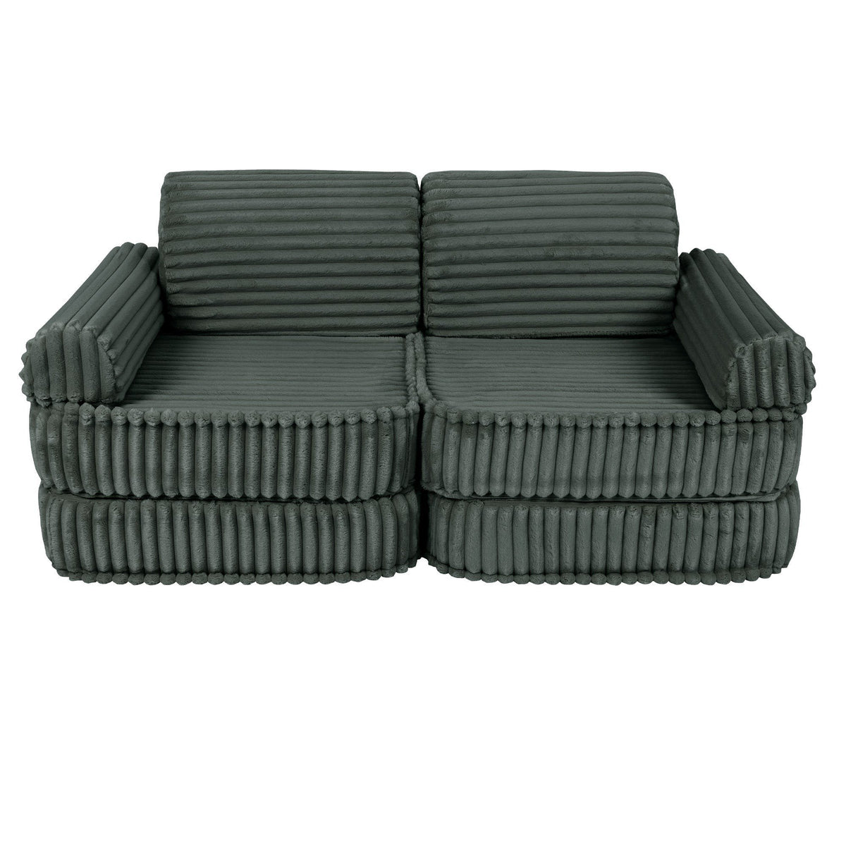 2. Medium modular kids sofa in forest green with ribbed corduroy texture, shown in a simple two-seater configuration.