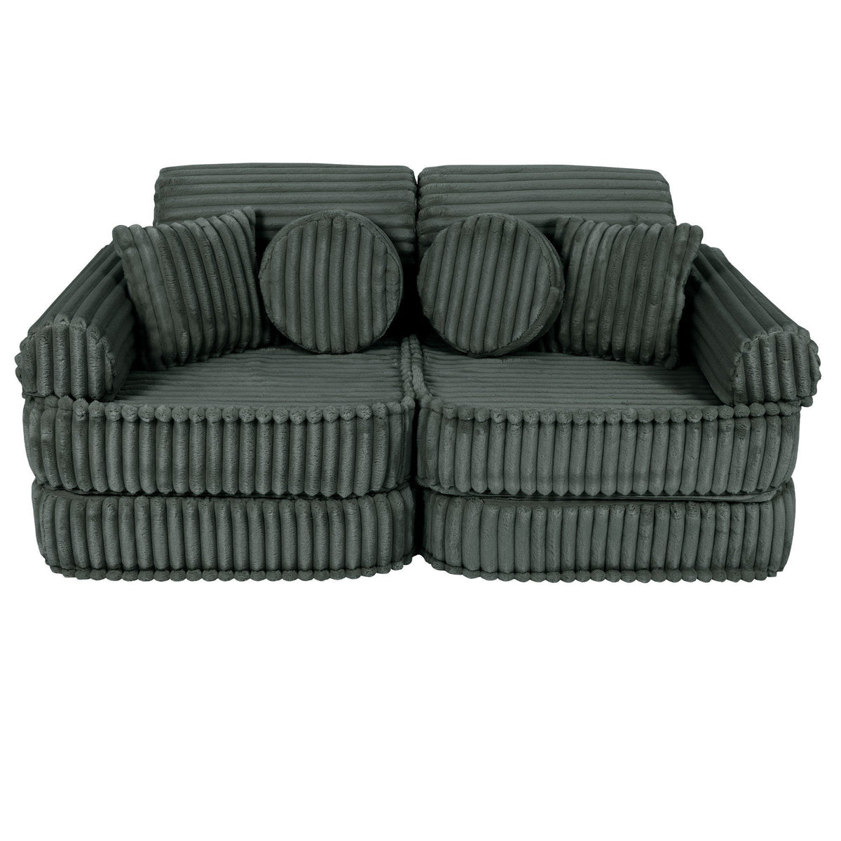 1. Medium modular kids sofa in forest green with ribbed corduroy texture, featuring two square and two round cushions, shown in a compact configuration.