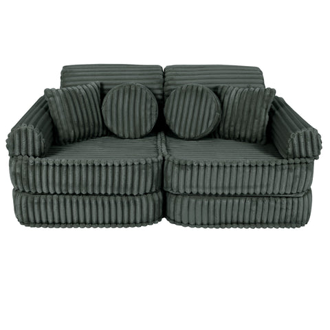 1. Medium modular kids sofa in forest green with ribbed corduroy texture, featuring two square and two round cushions, shown in a compact configuration.
