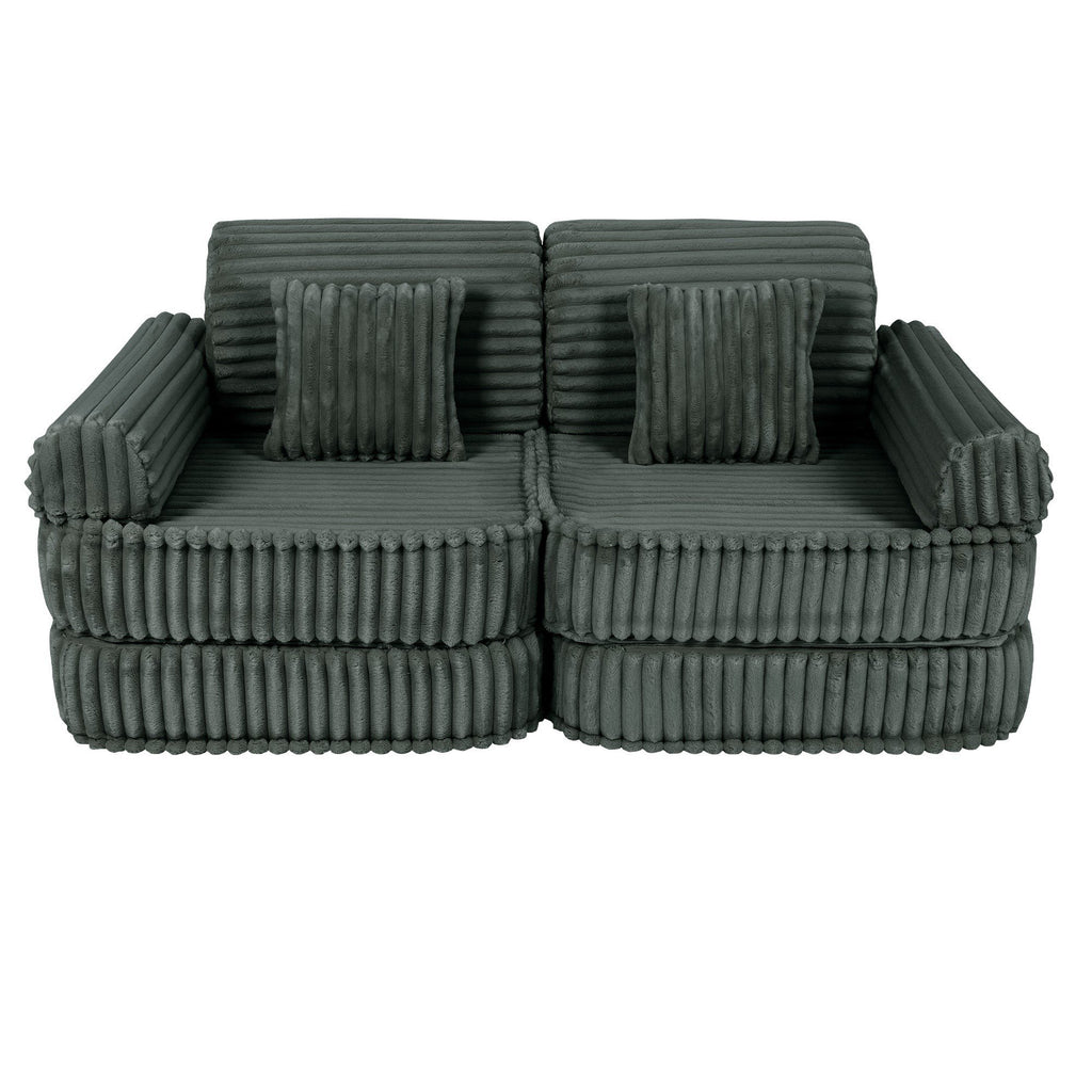 2. Medium modular kids sofa in forest green with ribbed corduroy texture, featuring two square cushions, shown in a compact setup.