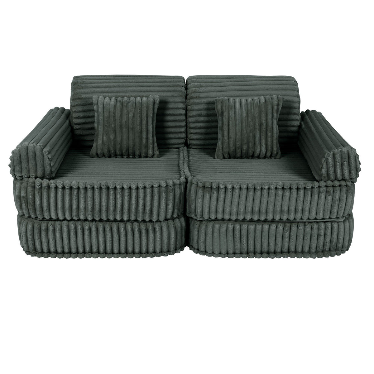 2. Medium modular kids sofa in forest green with ribbed corduroy texture, featuring two square cushions, shown in a compact setup.
