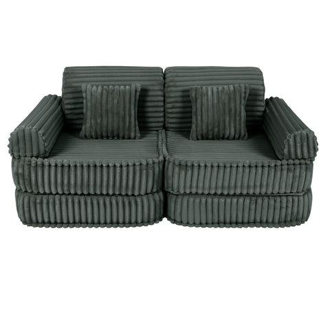 2. Medium modular kids sofa in forest green with ribbed corduroy texture, featuring two square cushions, shown in a compact setup.