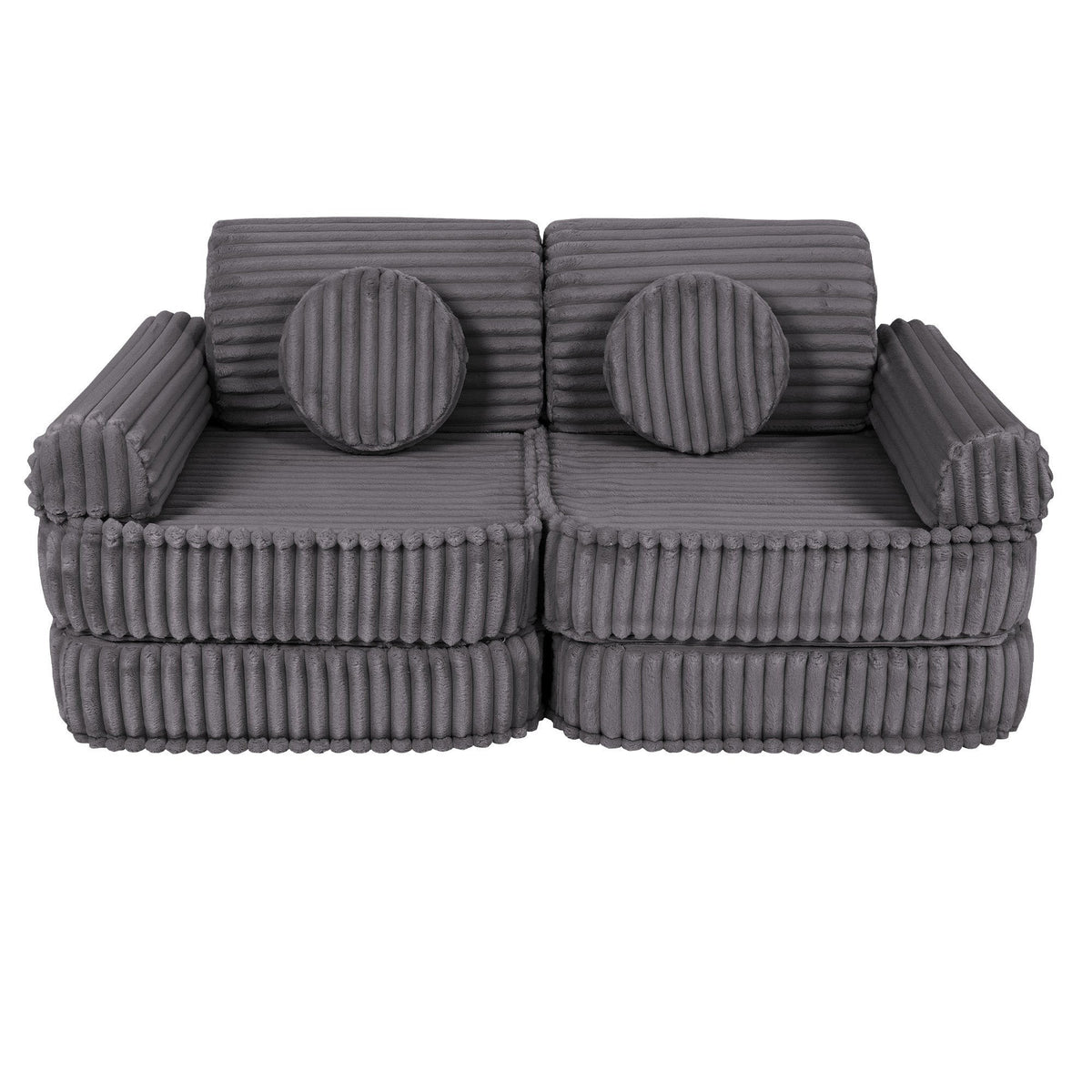2. Medium kids sofa in Jurassic grey with ribbed corduroy fabric, featuring round cushions, shown in a compact setup.