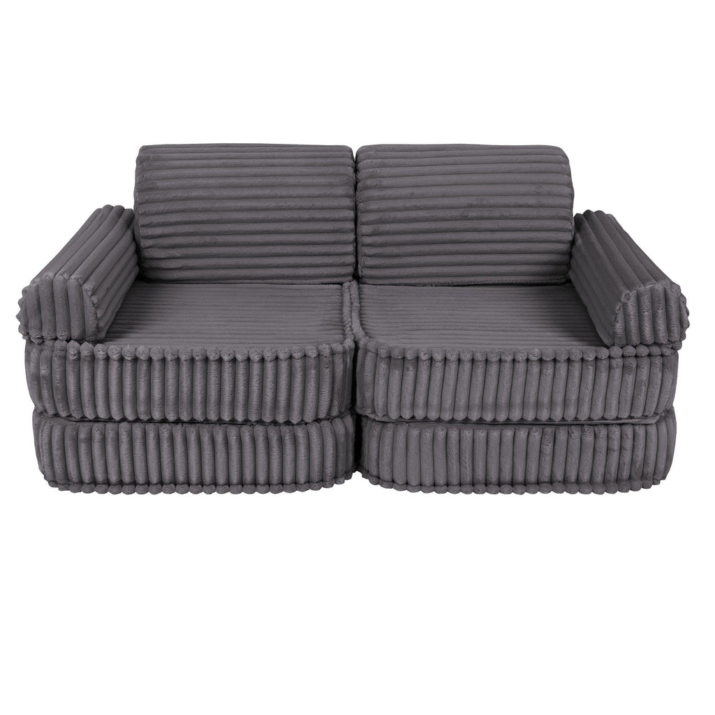 2. Medium kids sofa in Jurassic grey with ribbed corduroy texture, featuring rectangular cushions, shown in a compact setup.