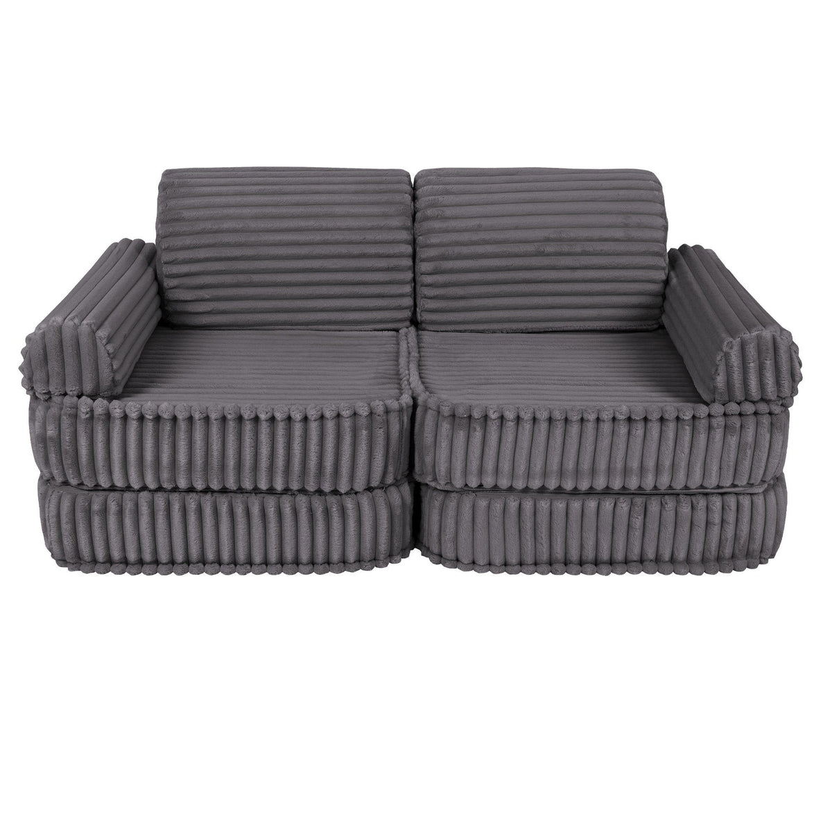 2. Medium kids sofa in Jurassic grey with ribbed corduroy texture, featuring rectangular cushions, shown in a compact setup.