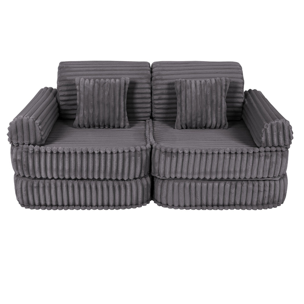 2. Medium modular kids sofa in Jurassic grey with ribbed corduroy texture, featuring rectangular cushions, shown in a compact configuration.