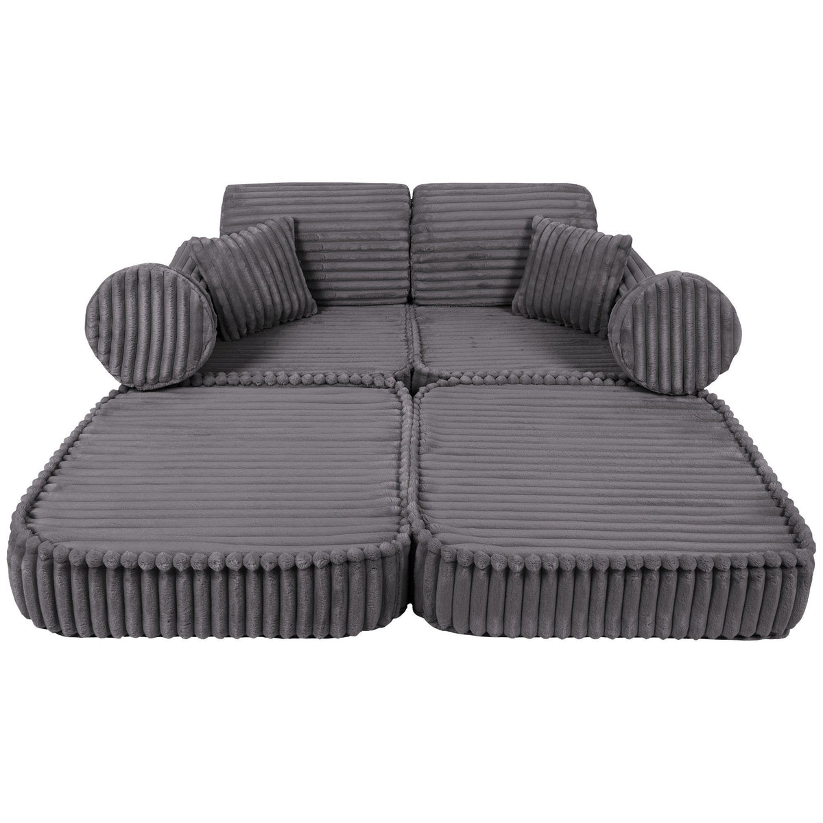 2. Medium modular kids sofa in Jurassic grey, fully extended with ribbed corduroy texture and round cushions.