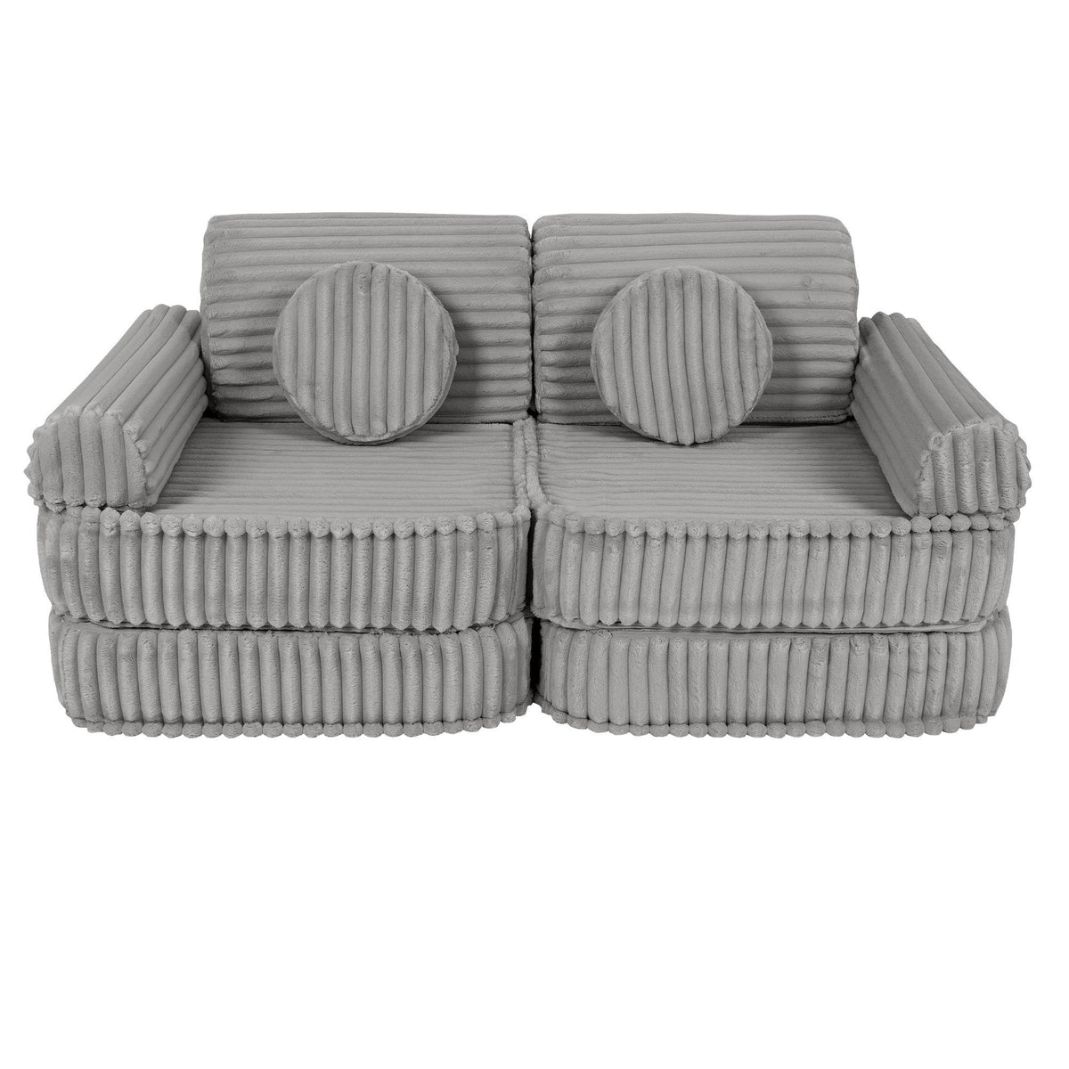 2. Medium kids sofa in moon grey with ribbed corduroy fabric, featuring two round cushions, shown in a compact setup