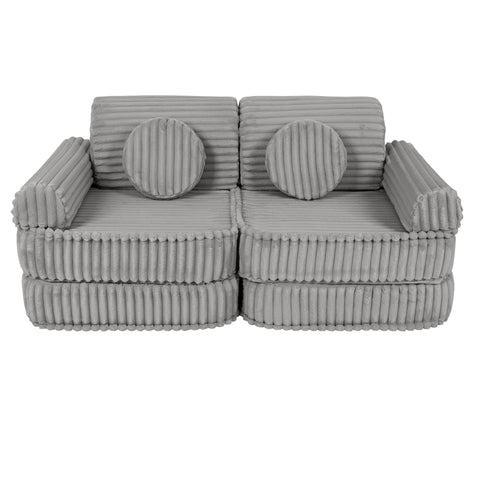 2. Medium kids sofa in moon grey with ribbed corduroy fabric, featuring two round cushions, shown in a compact setup