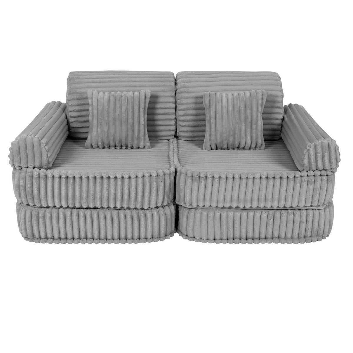 3. Medium kids sofa in moon grey with ribbed corduroy texture, featuring two square cushions, shown in a compact arrangement