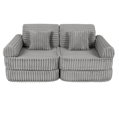 3. Medium kids sofa in moon grey with ribbed corduroy texture, featuring two square cushions, shown in a compact arrangement