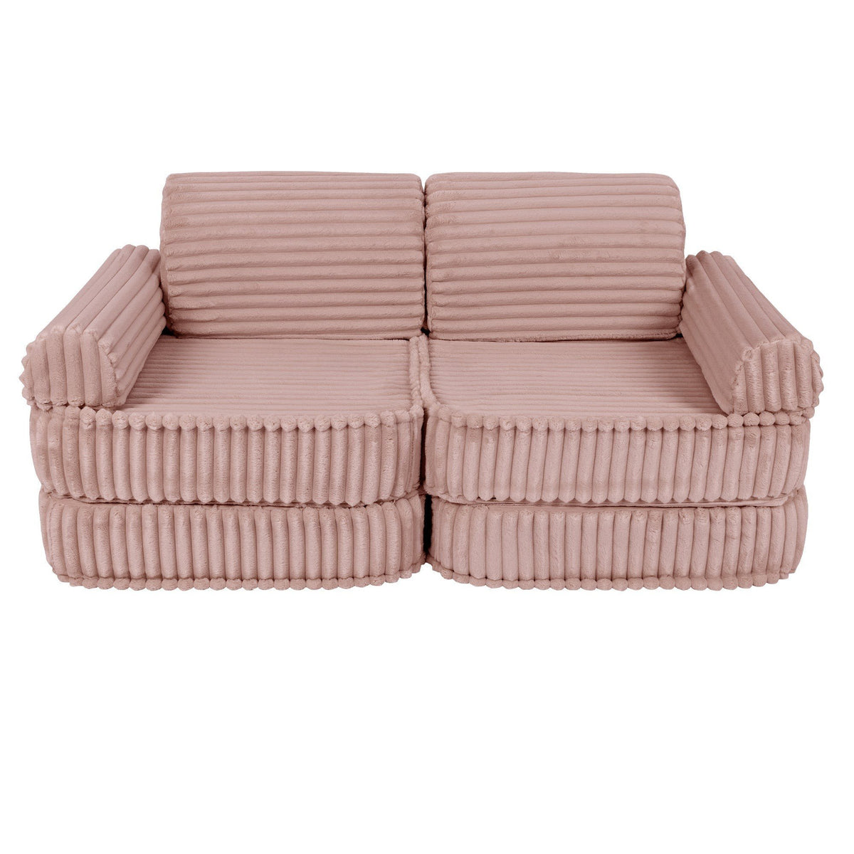5. Medium modular kids sofa in churros pink with ribbed corduroy texture, shown without cushions in a compact configuration