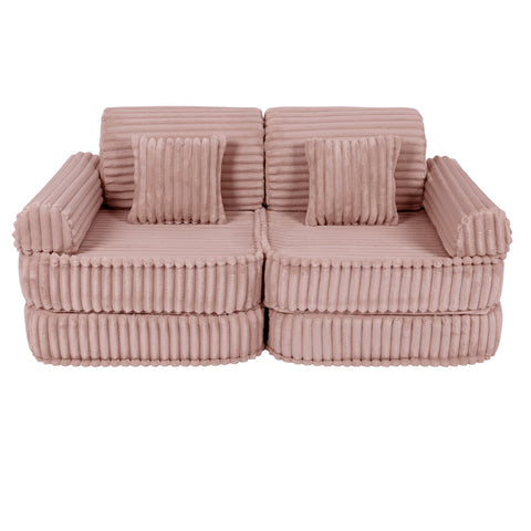 3. Medium modular kids sofa in churros pink with ribbed corduroy texture, featuring two square cushions, shown in a compact configuration