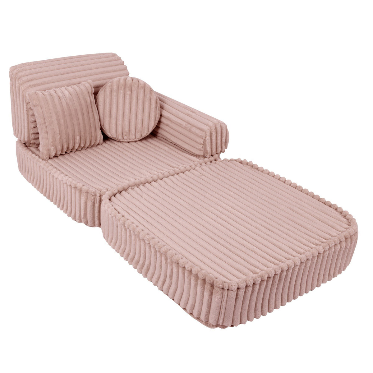 8. Medium modular kids sofa in churros pink with ribbed corduroy texture, shown in a chaise lounge configuration with round and square cushions