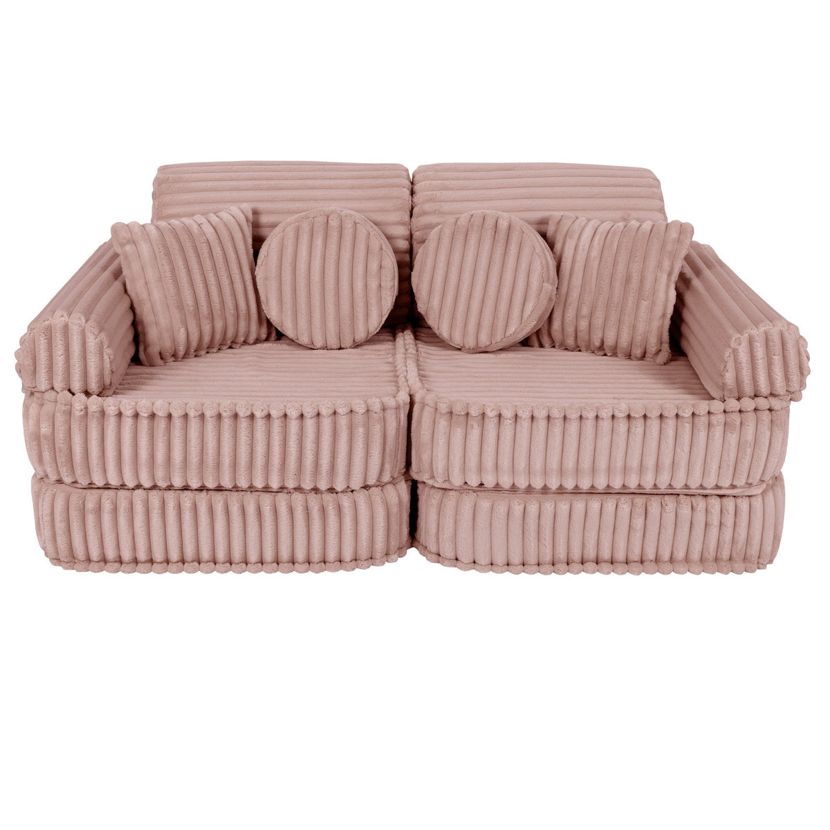 1. Medium modular kids sofa in churros pink with ribbed corduroy texture, featuring two round and two square cushions, shown in a compact configuration