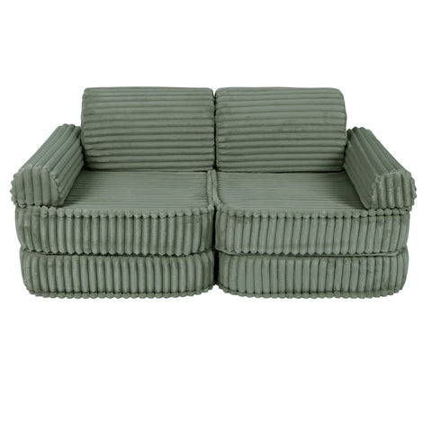 2. Medium kids sofa in sage green ribbed corduroy, shown without cushions, highlighting the modular design