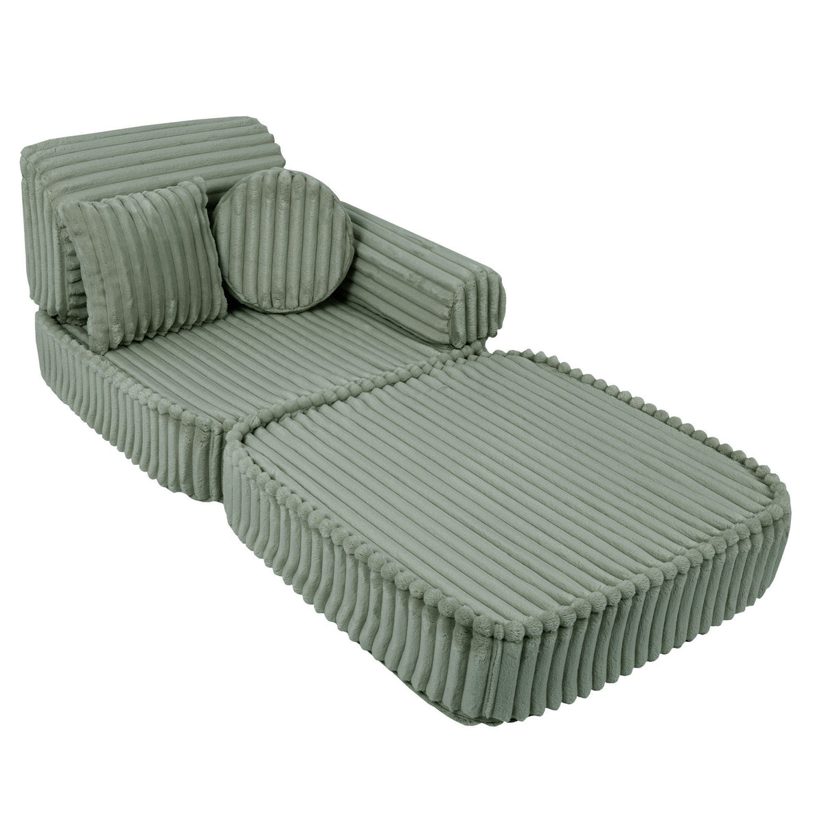 7. Medium kids sofa in sage green ribbed corduroy, shown in a lounge configuration with round and rectangular cushions