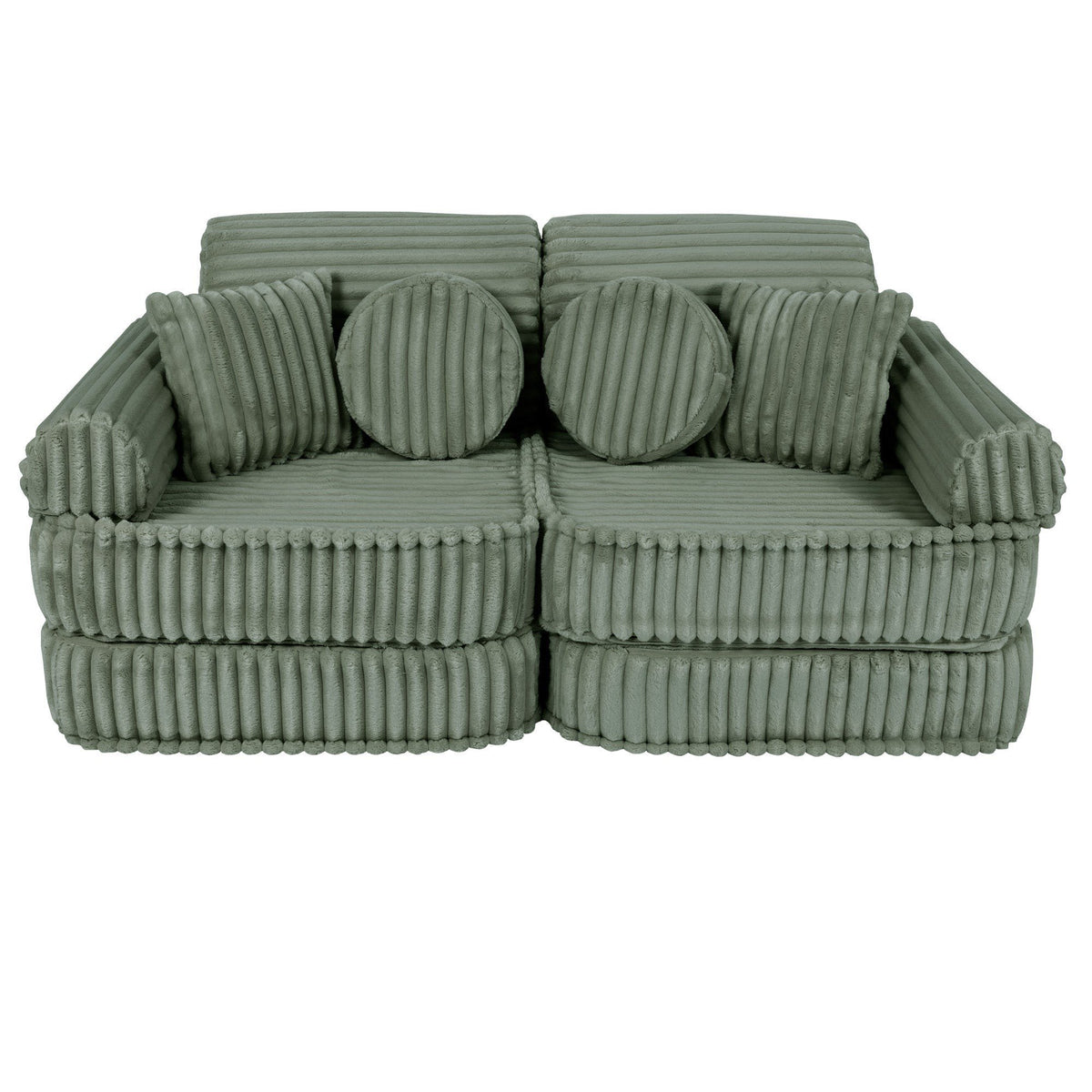 1. Medium modular kids sofa in sage green with ribbed corduroy texture, featuring round and rectangular cushions, shown in a compact configuration