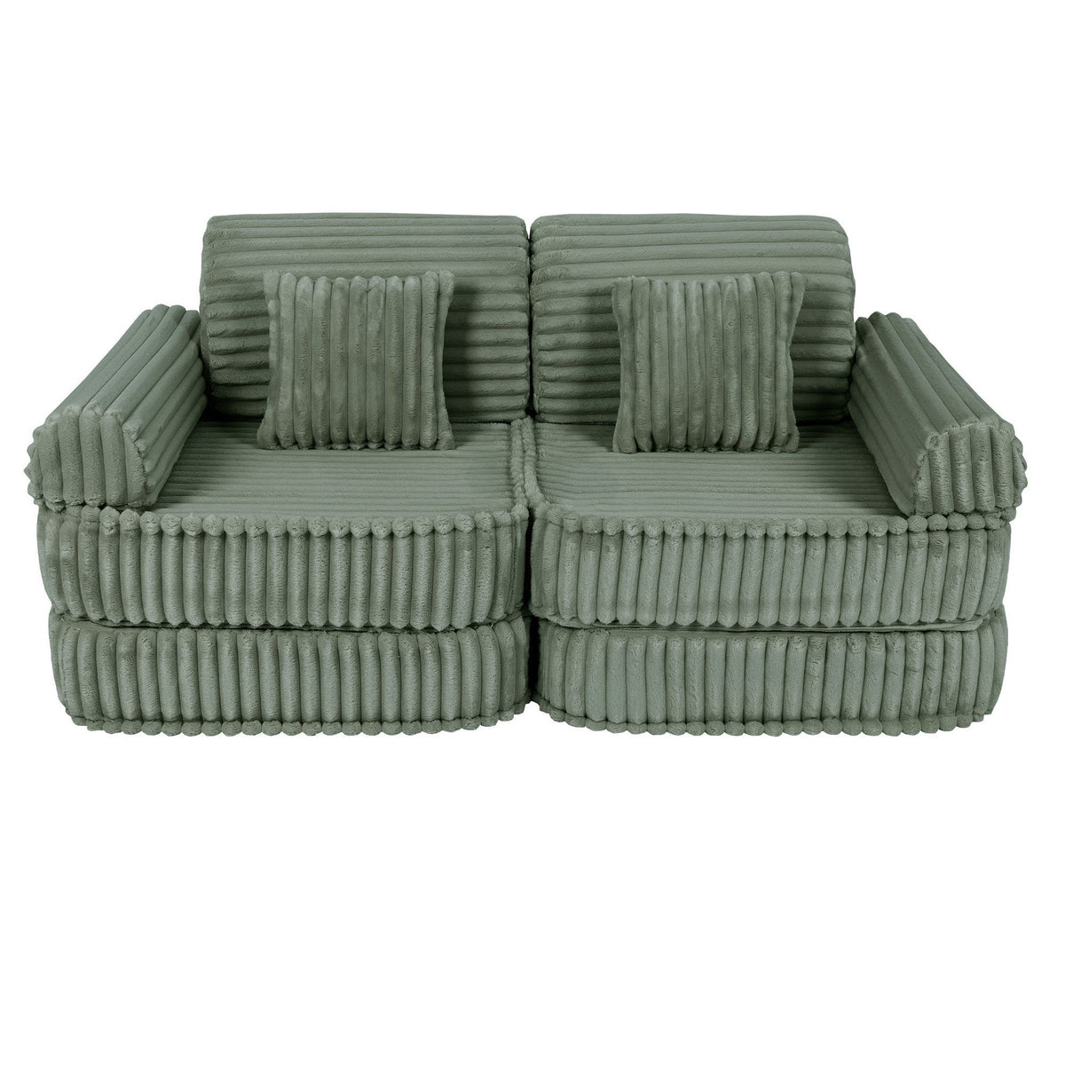 4. Medium kids sofa in sage green ribbed corduroy, featuring rectangular cushions, shown in a compact configuration