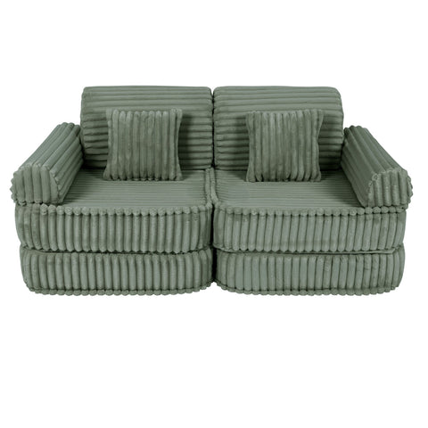 4. Medium kids sofa in sage green ribbed corduroy, featuring rectangular cushions, shown in a compact configuration