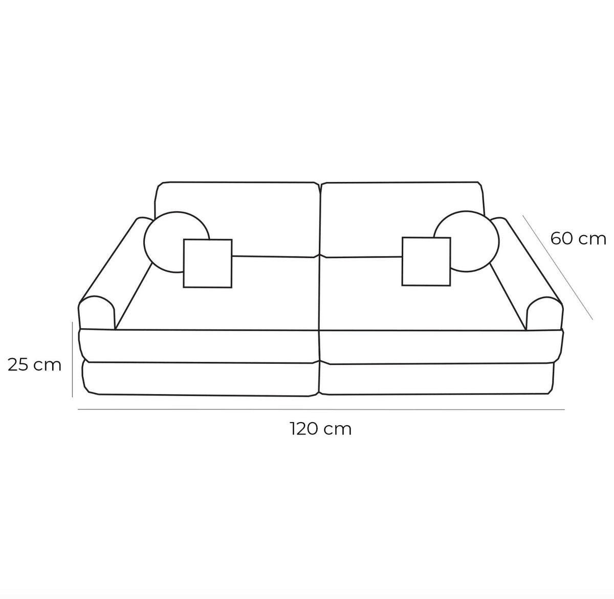 5. Size chart for medium kids sofa showing dimensions: 120 cm width, 60 cm height, and 25 cm seat height