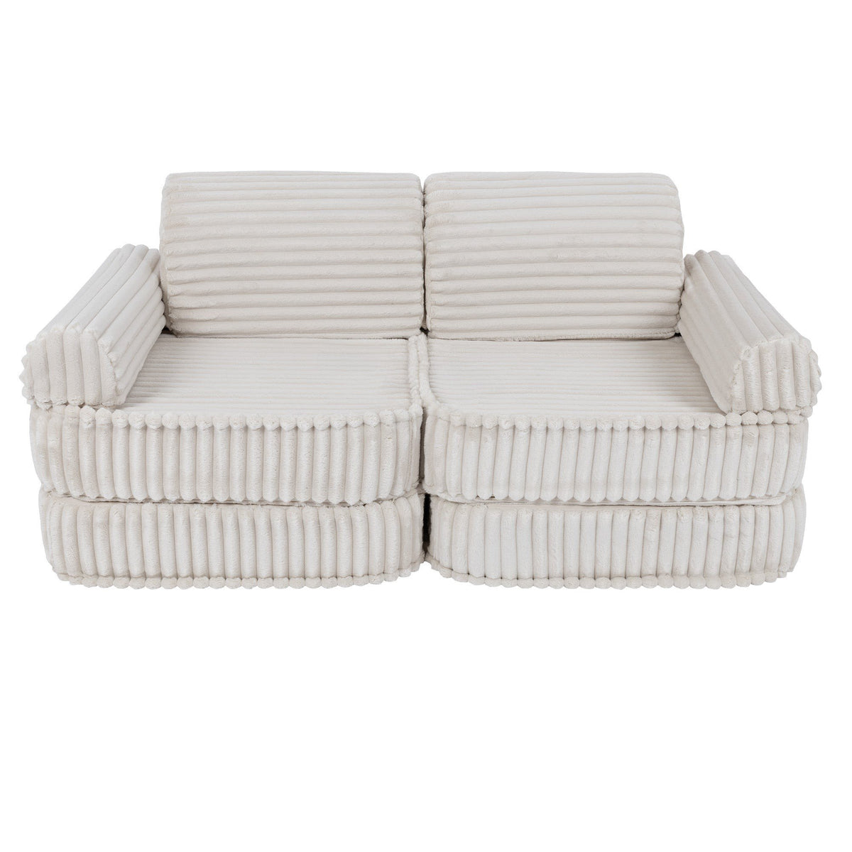 6. Medium kids sofa in churros white with ribbed corduroy fabric, shown in a compact configuration without cushions.