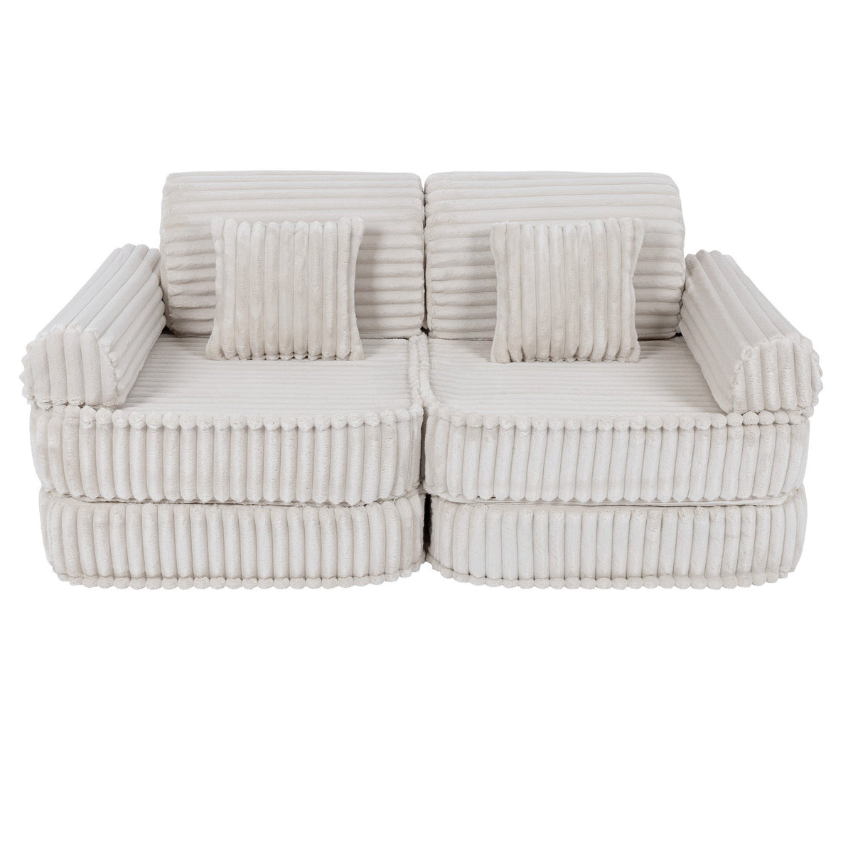 7. Medium kids sofa in churros white with ribbed corduroy fabric, featuring two rectangular cushions, shown in a compact configuration.