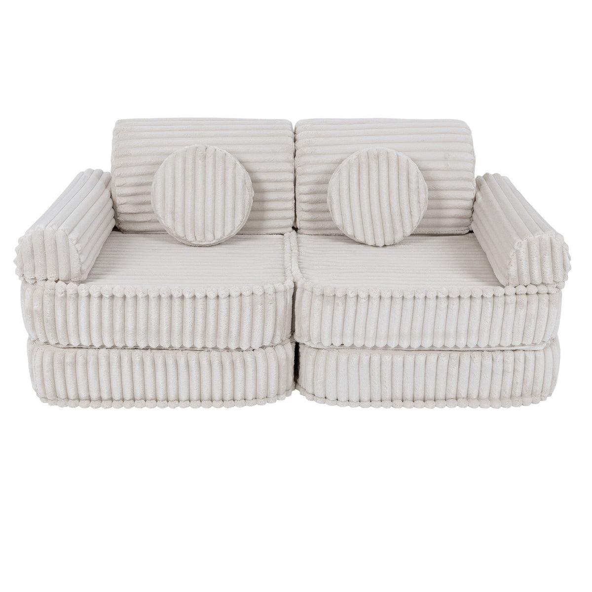 2. Medium kids sofa in churros white with ribbed corduroy fabric, featuring two round cushions, shown in a compact configuration.