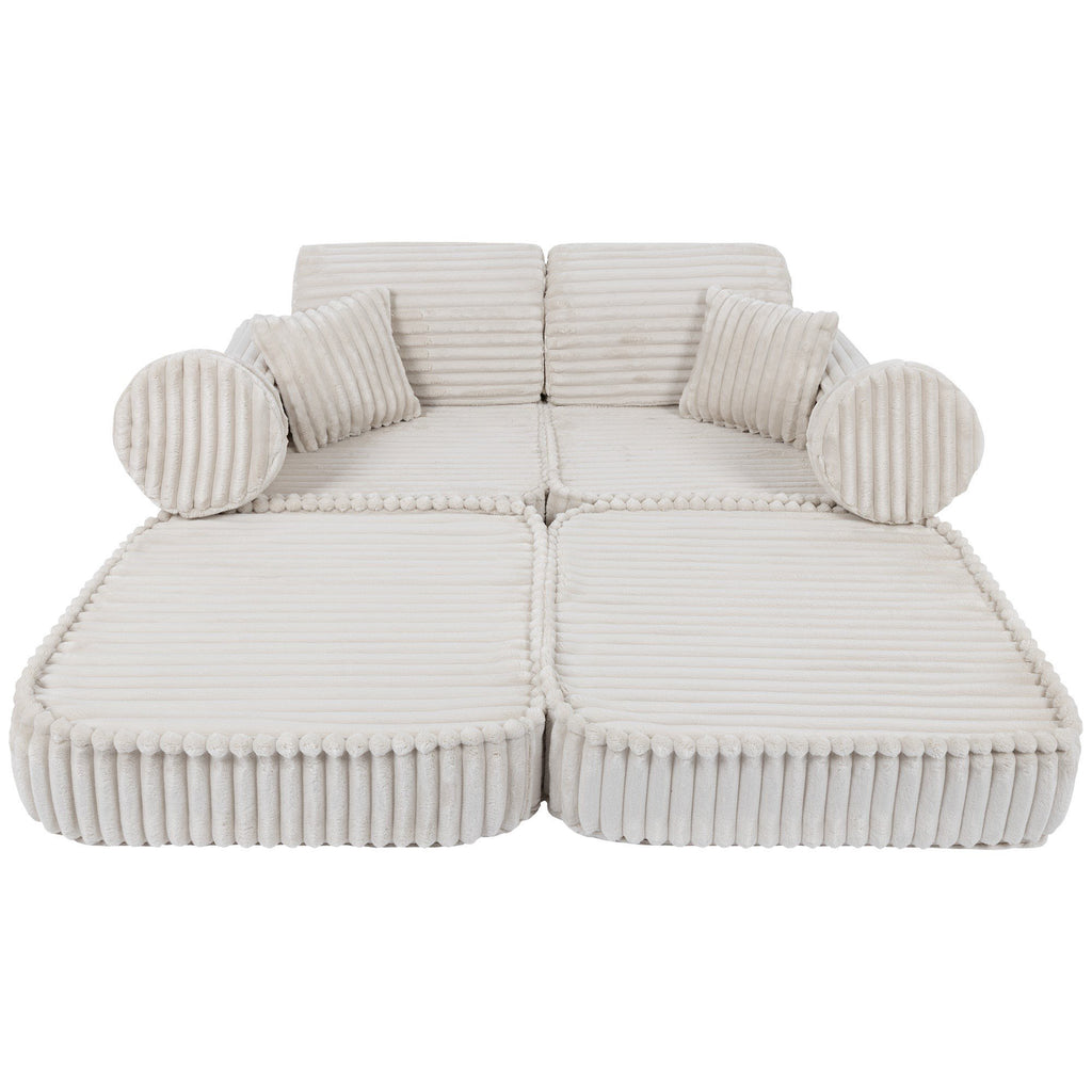 5. Medium kids sofa in churros white with ribbed corduroy fabric, shown in a flat configuration with round and rectangular cushions.