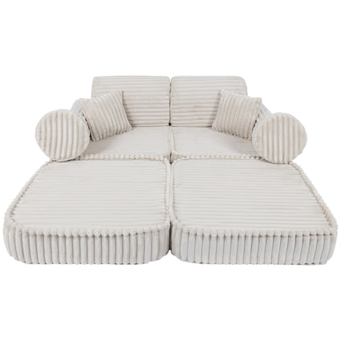 5. Medium kids sofa in churros white with ribbed corduroy fabric, shown in a flat configuration with round and rectangular cushions.