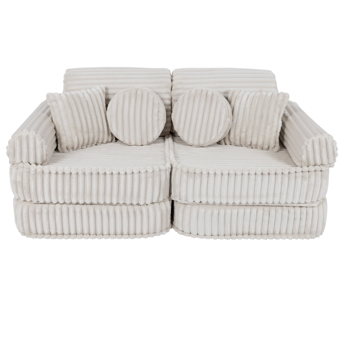 1. Medium modular kids sofa in churros white with ribbed corduroy fabric, featuring two round and two rectangular cushions, shown in a compact configuration.