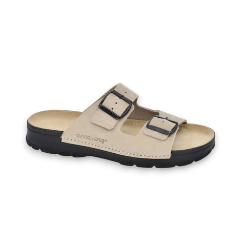 4. Single Omaking Meeliku beige leather sandal with black outsole in studio setting