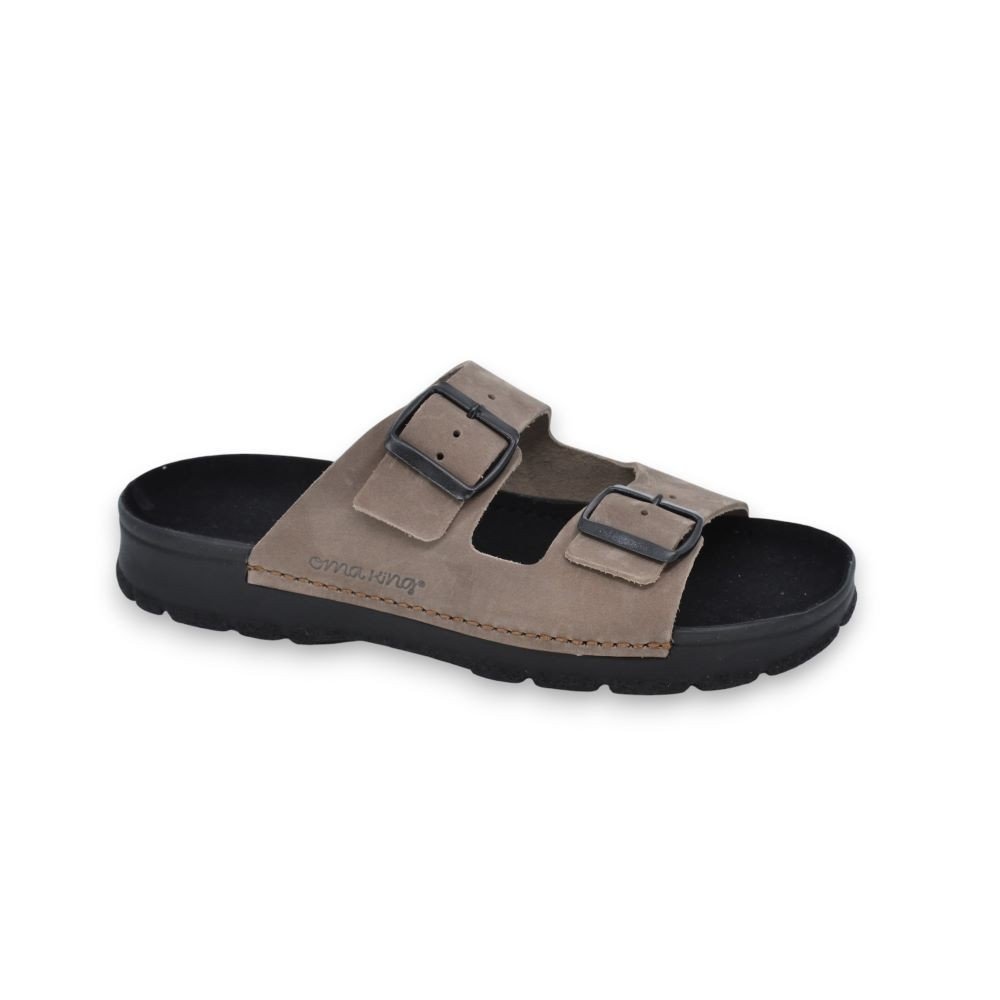 3. Studio shot of Meeliku leather sandals in brown and black by OmaKing, featuring adjustable buckle straps