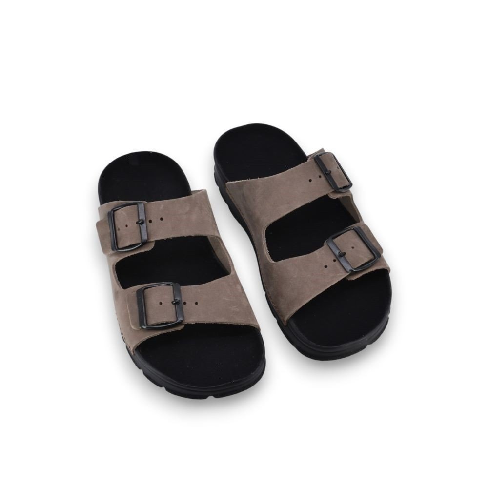 4. Pair of Meeliku leather sandals in brown and black by OmaKing, shown from above with buckle detail