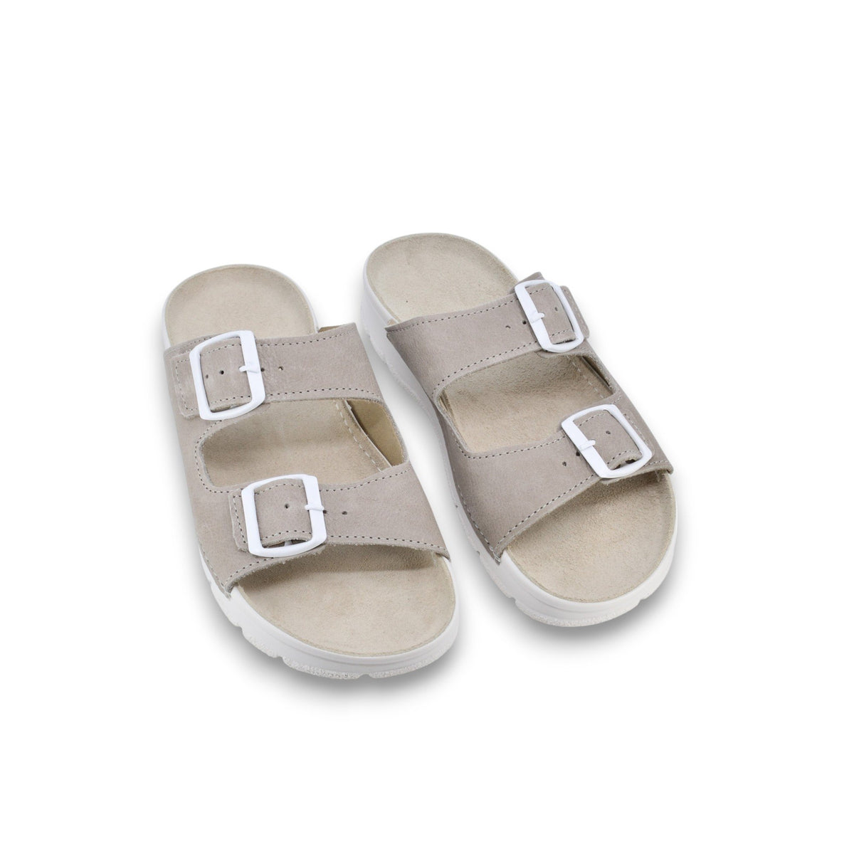 1. Omaking Meeliku leather sandals in grey and white, featuring adjustable buckle straps, shown in studio setting