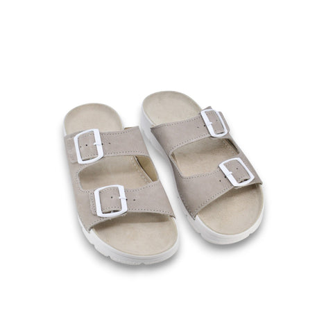 1. Omaking Meeliku leather sandals in grey and white, featuring adjustable buckle straps, shown in studio setting