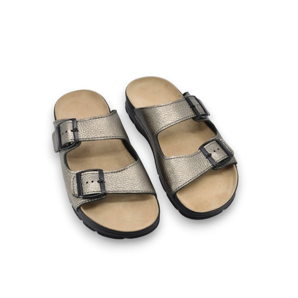 2. Pair of OmaKing women's metallic leather sandals with dual adjustable buckles, shown from above